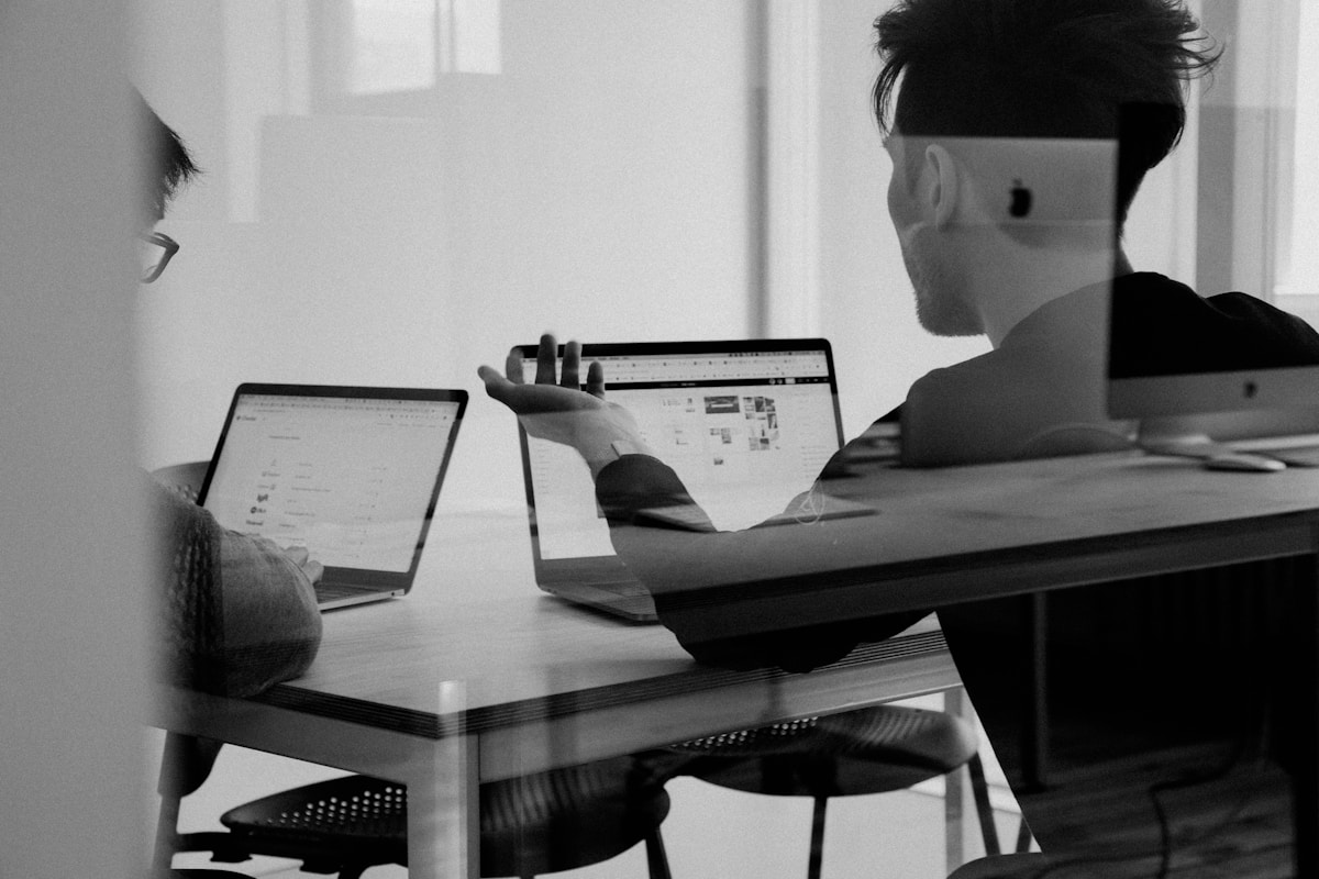 Legal professional working on marketing content at a modern desk